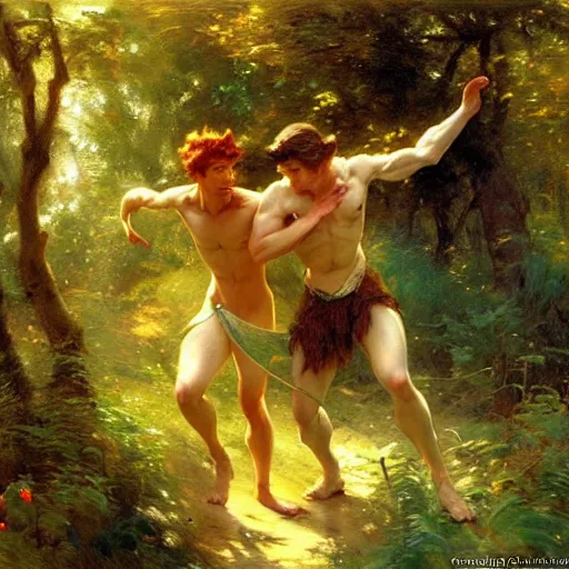 Image similar to 2 attractive male fairies in the forest frolicking. highly detailed painting by gaston bussiere, craig mullins, j. c. leyendecker, 8 k