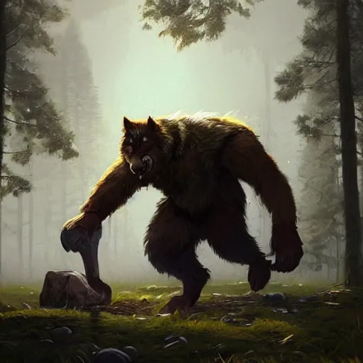 Prompt: cute handsome cuddly werewolf using a stone axe unreal engine hyperreallistic render 8k character concept art masterpiece digital art by Greg Rutkowski, Simon Stalenhag, trending on Artstation, CGSociety