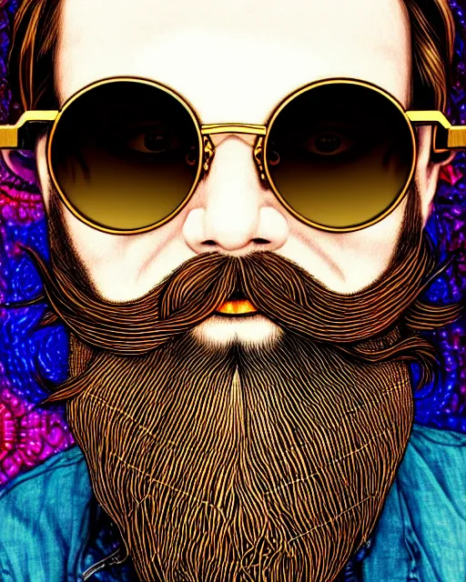 Prompt: detailed hipster skinny man with gold sunglasses, long vibrant colored beard, dmt, by james gurney + intricate and vibrant work + portrait + trending on artstation + incredible gothic illustration + exquisite detail