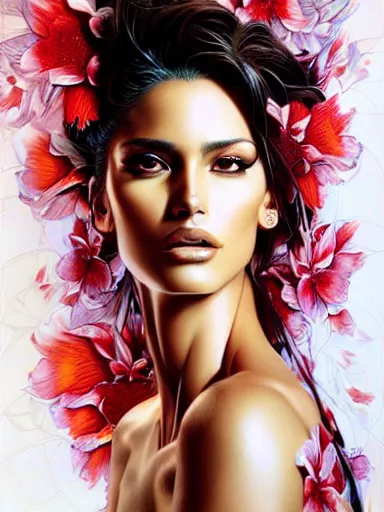 Image similar to a portrait of latina supermodel with a floral background by karol bak, artgerm, moebius, yoji shinkawa : : portrait, illustration, photorealism, hyperrealism