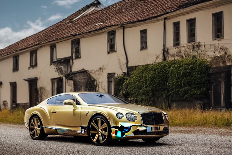 Image similar to Bentley Continental GT in shiny gold film drives along old Russian village road with houses houses around the edges