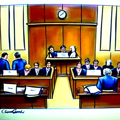 Prompt: [ prompt ridiculous courtroom scene drawn by marilyn church ]