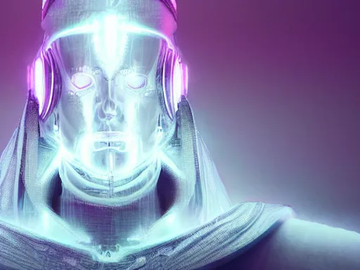 Image similar to a gray faceless figure, ascended, robot wizard, NPC with a saint\'s halo, saintly halo behind their head made of neon filigree, consulting the cyber oracle of all knowledge, at the end of time, in an esoteric ritual exchange of physical code, 8k, 4k, unreal 5, DAZ, trending on artstation, octane render, abstract painting, bright blue future