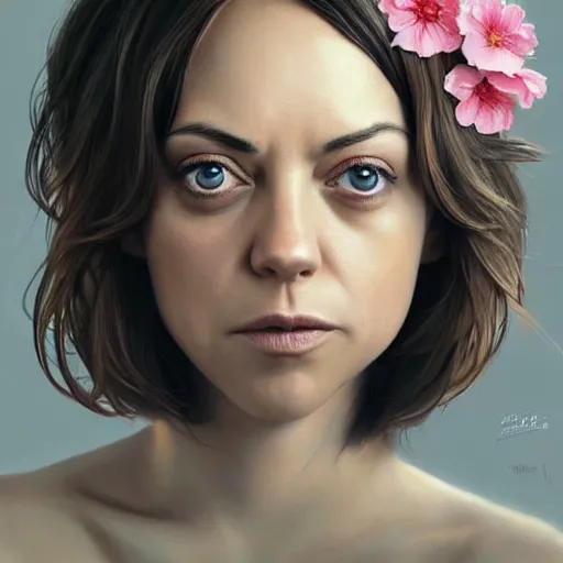 Image similar to pink petals with a ahape of a wonderful aubrey plaza and christina ricci and sarah hyland and mila kunis and olivia newton john, intricate, elegant, highly detailed, wonderful eyes, sweet, digital painting, artstation, concept art, smooth, sharp focus, illustration, art by artgerm and greg rutkowski and concept art