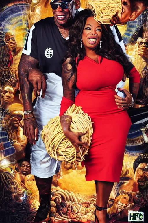 Image similar to dennis rodman and oprah winfrey, ghanaian movie poster, romantic comedy, spaghetti basket, ninjas, highly detailed, high octane render, hd, realism