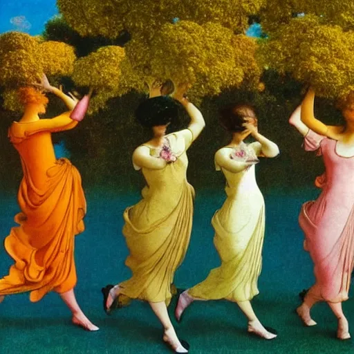 Image similar to seven hens in dresses, maxfield Parrish