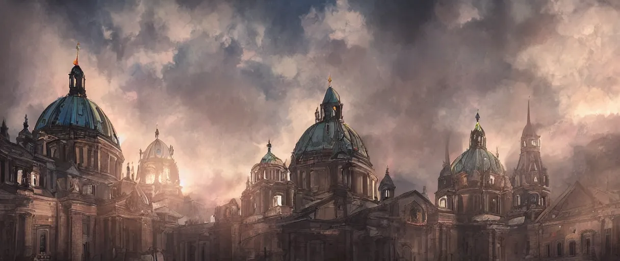 Prompt: futuristic nazi german city, Berlin cathedral, concept art, digital painting, style of jordan grimmer, futuristic, volumetric lighting, view from below, symmetrical, vivid colours, bright, daytime, godrays