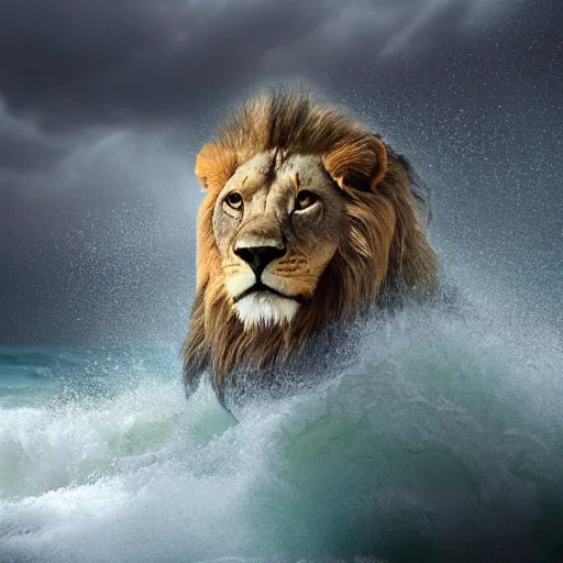 Image similar to a male lion's face breaching through a wave, stormy weather, ocean sprites, closeup of face, trending on artstation, dark lighting, face encircled by ocean wave