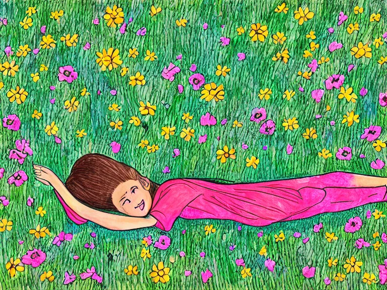 Image similar to drawing of girl laying down in the lawn full of flowers that smells like honey amongst forest with her soul connected to the nature around her