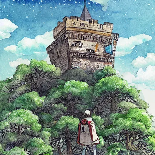 Image similar to laputa castle in the sky robot hayao miyazaki stands in a small clearing among trees, watercolor illustration for a book