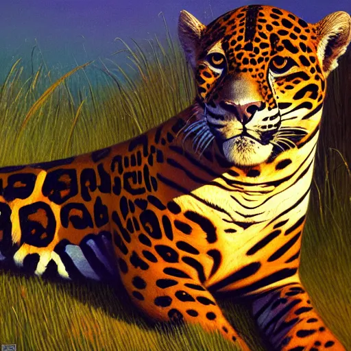 Image similar to graceful jaguar in summer nigt, acid colours, oil paint on canvas, sharp textures, biotechnology, nikolay georgiev, alex ross, bruce pennington, donato giancola, larry elmore, masterpiece, trending on artstation, featured on pixiv, cinematic composition, sharp, details, hyper - detailed, hd, hdr, 4 k, 8 k