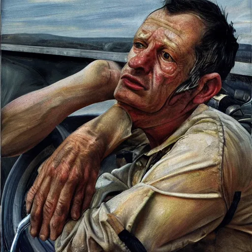 Prompt: high quality high detail painting by lucian freud, hd, portrait of a mechanic tired of work, photorealistic lighting