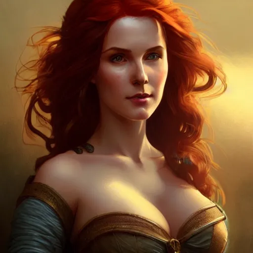 Image similar to Triss Merigold from The Witcher, D&D, fantasy, intricate, elegant, highly detailed, digital painting, artstation, concept art, matte, sharp focus, illustration, art by Artgerm and Greg Rutkowski and Alphonse Mucha