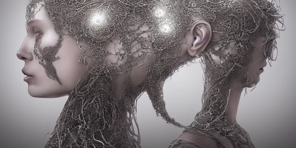 Image similar to realistic photography of a beautiful cyborg androgynous humanoid, holding close, in liquid, intricate filigree, in the style of beth cavener, jin kagetsu, wlop, highly detailed, symmetry, masterpiece, concept art, ringflash, highkey lighting, ambient lighting, octane render, 8 k, artstation