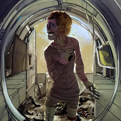 Image similar to woman with a bulky scifi jumper, tries to survive an undead outbreak in a spaceship, by jon foster