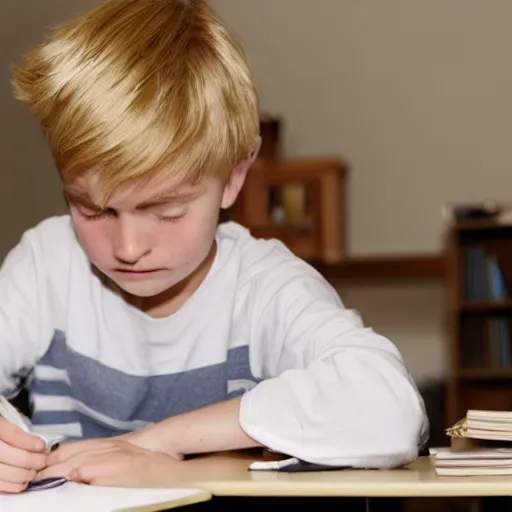 Prompt: boy with blonde hair doing homework