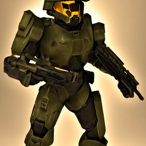 Image similar to a heavily armored soldier wearing a helmet resembling a birdcage, halo inspired, realistic octane render