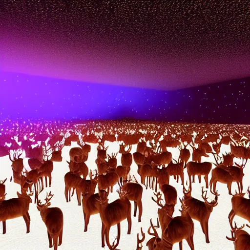 Prompt: reindeer breeders crowded rave in tundra with laser show decorations, hyperrealistic phot, octane render, dynamic lighting