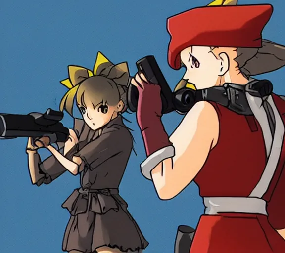 Image similar to marnie from chrono trigger pointing a gun at viewer