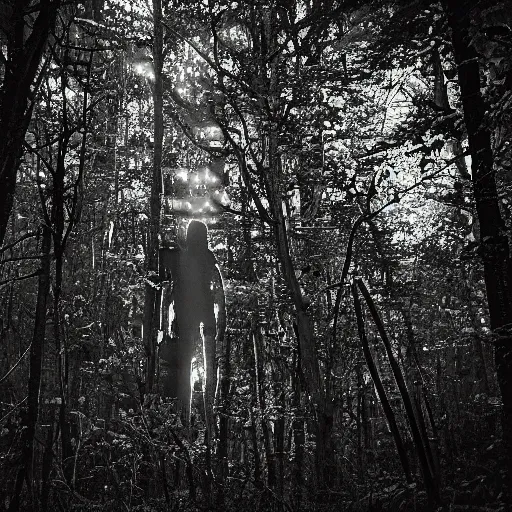 Image similar to grainy trail cam photo still of an alien in the woods at night hiding in the trees of a forest