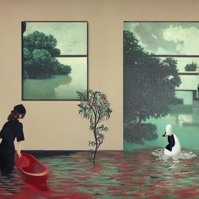 Image similar to painting of flood waters inside an apartment, sensual female emo art student, a river flooding indoors, pomegranates, pigs, ikebana, water, river, rapids, waterfall, black swans, canoe, berries, acrylic on canvas, surrealist, by magritte and monet