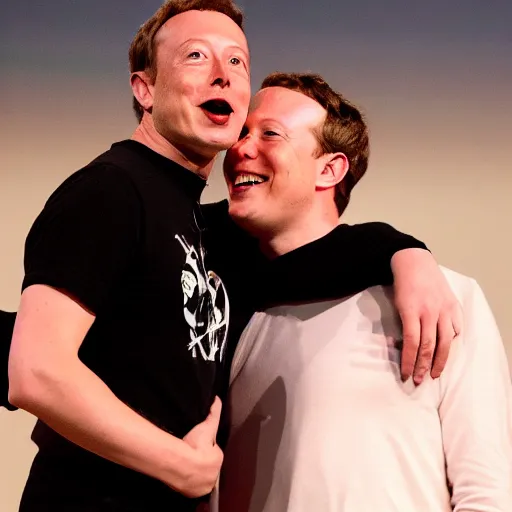 Image similar to elon musk on mark zuckerberg's back, holding on for dear life. cinematic 8 k, depth of field.