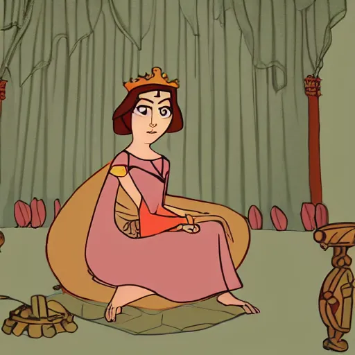 Prompt: a warrior princess sitting in her court, in the art style of cartoon saloon.