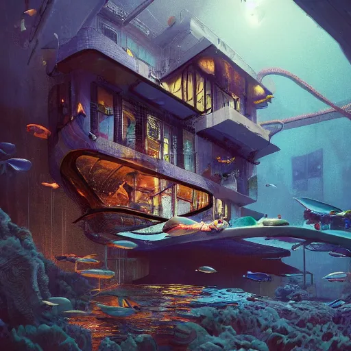 Prompt: underwater spy mansion, grand obsessive compendium. intricate artwork, by tooth wu, wlop, beeple, dan mumford. concept art, octane render, trending on artstation, greg rutkowski very coherent symmetrical artwork. cinematic, key art, hyper realism, high detail, octane render, 8 k, iridescent accents