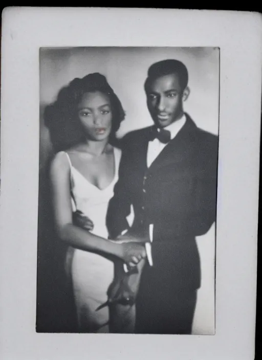Prompt: an interracial couple holding hands, flash polaroid photo by george hurrell, hazy light rays