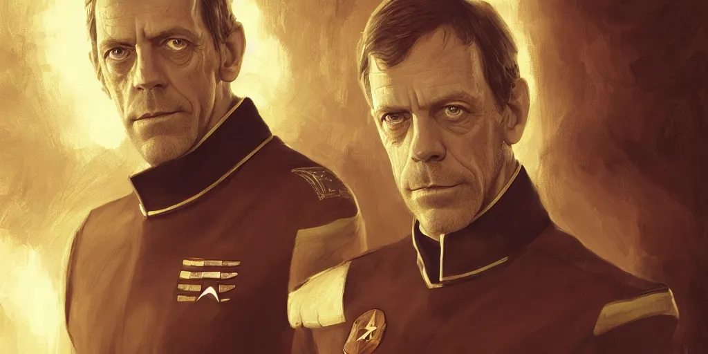 Image similar to portrait of Hugh Laurie wearing his starfleet captains uniform, close face shot, realistic character concept, high fantasy, light atmosphere, golden ratio, cinematic lighting, hyperdetailed, high resolution, insanely detailed and intricate, artstation, Marc Simonetti, Greg Rutkowski