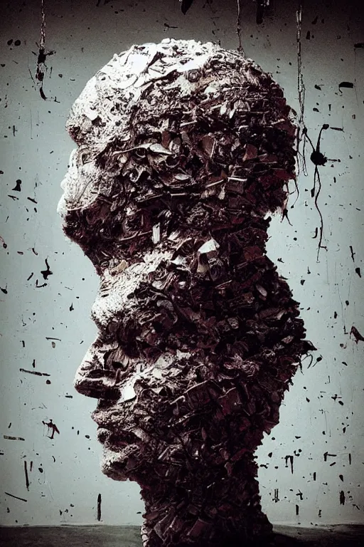 Prompt: a dark high quality studio portrait of an exploding human head made from antique newspaper, intricate, morbid, dark cinematic lighting, surreal photography, simon stalenhag