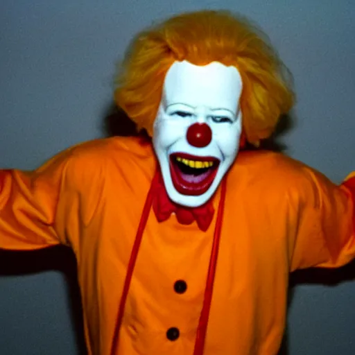 Image similar to creppy 2 0 0 1 photo of ronald mcdonald screaming in a dark room