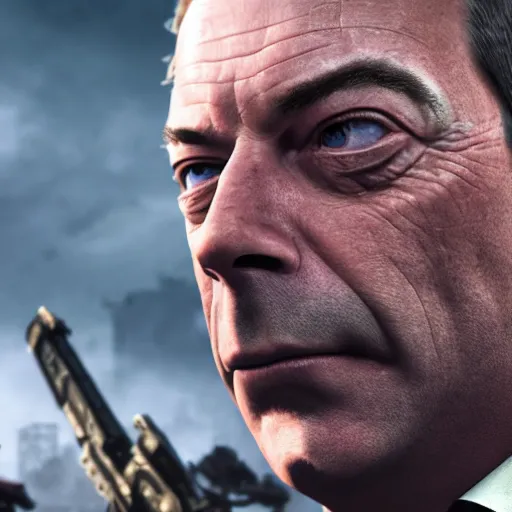 Image similar to Portrait of Nigel Farage in Gears of War, splash art, movie still, cinematic lighting, dramatic, octane render, long lens, shallow depth of field, bokeh, anamorphic lens flare, 8k, hyper detailed, 35mm film grain