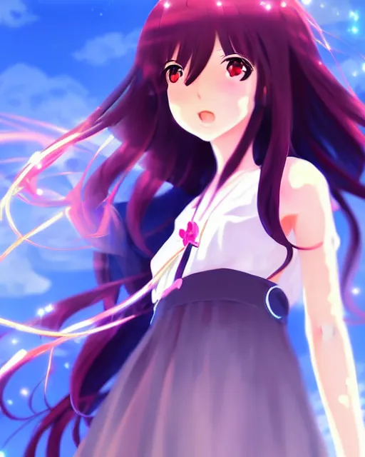 Image similar to anime style, vivid, expressive, full body, 4 k, painting, a cute magical girl with a long wavy black hair, stunning, realistic light and shadow effects, centered, simple background, studio ghibly makoto shinkai yuji yamaguchi