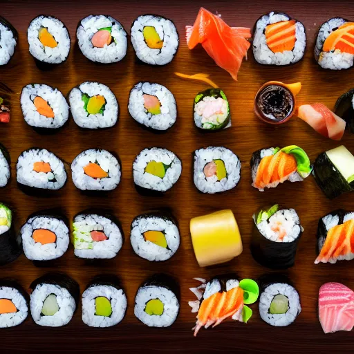 Image similar to photo of perfectly laid out sushi, high detail, 4k, complex