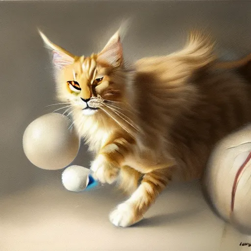 Prompt: cream color maine coon cat chasing a cat-toy-ball in a sunlit bedroom, in style of Ruan Jia, fantasy, trending on art station