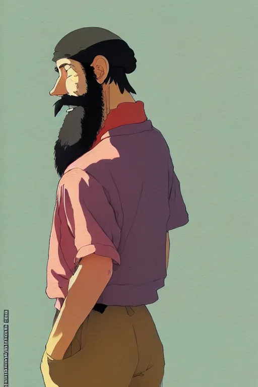 Image similar to a colorful portrait of a long bearded student rear view, morning, by studio ghibli painting, superior quality, masterpiece, traditional Japanese colors, by Grzegorz Rutkowski, concept art