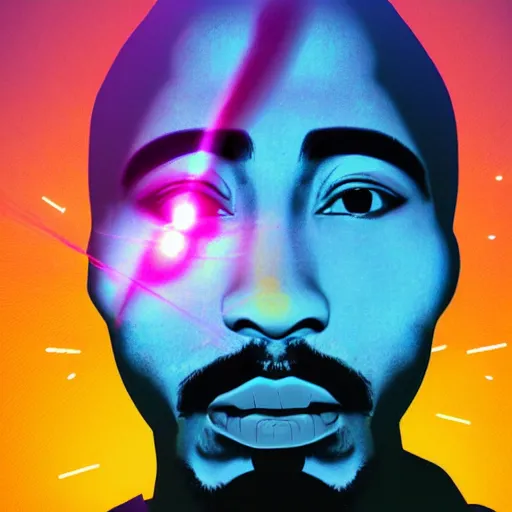 Prompt: giant tupac head shooting lasers from eyes by beeple, art station, perfect lightning, detailed