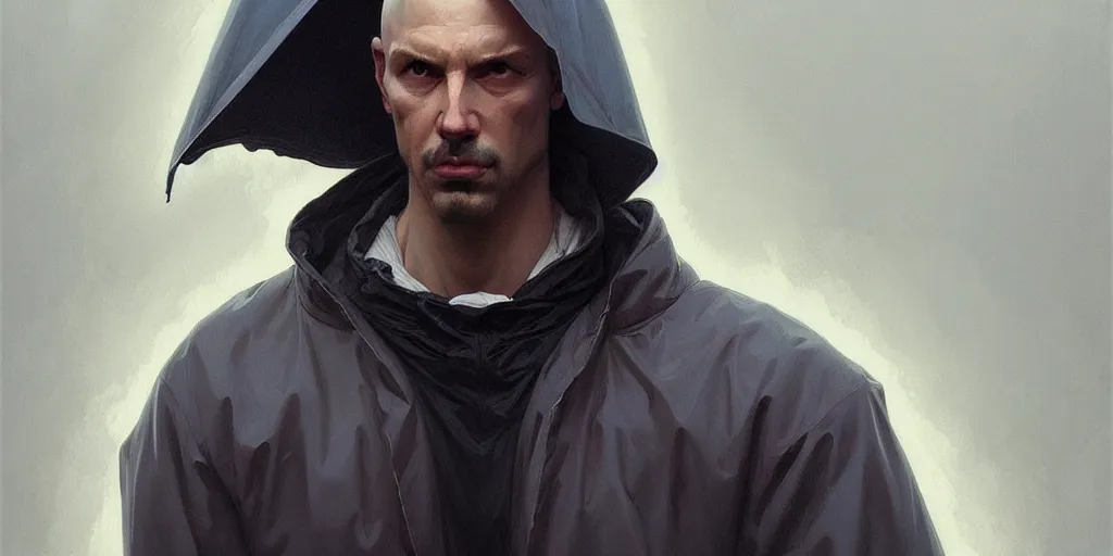 Image similar to european ( ( ( ( bald man ) ) ) ) dressed in raincoat, male, clear face, masculine, upper body, highly detailed, digital painting, artstation, concept art, matte, sharp focus, illustration, art by artgerm and greg rutkowski and alphonse mucha