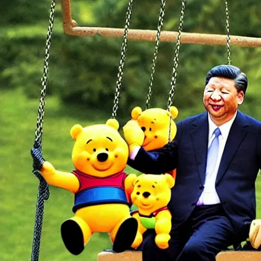 Image similar to xi jinping pushing winnie the pooh sitting on a swing