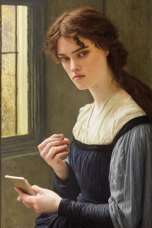 Image similar to a pre raphaelite painting of daisy ridley looking disinterestedly at her phone by dante gabriel rossett