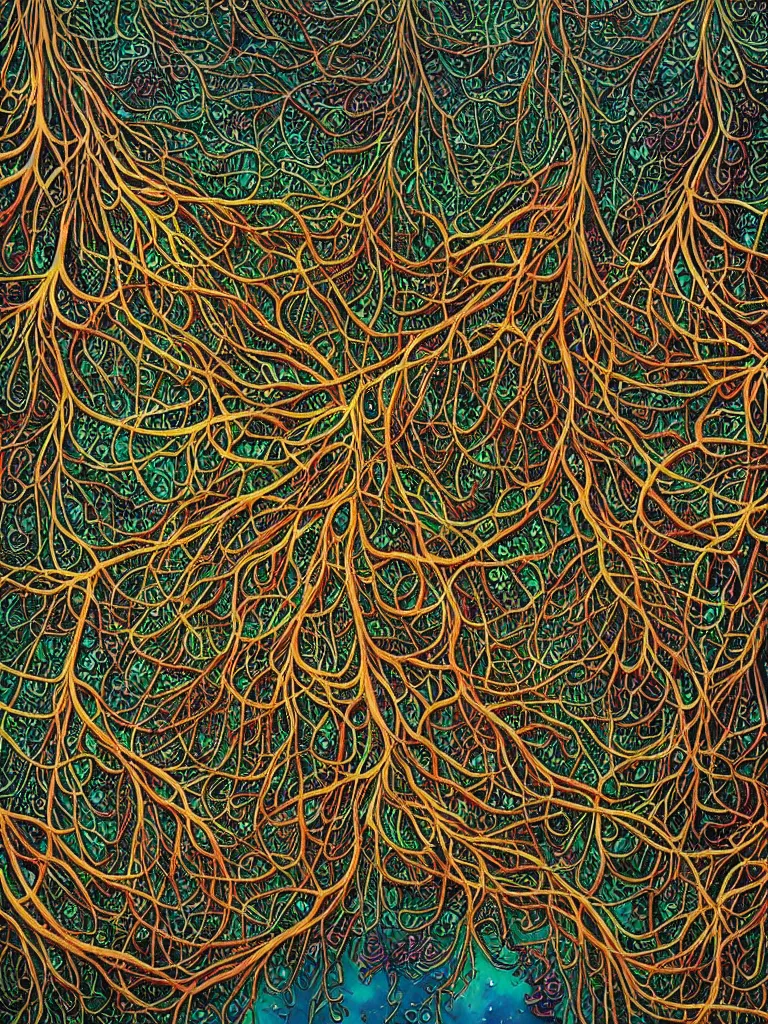 Prompt: A hyperrealistic mixed media relief of a network of hyphae, nerves, slime mold, and rhizomorphic fungus. Shaped like roots and neurons. Lovecraftian, colorful, surreal. By Dan Mumford and Ian McQue and Karol Bak.