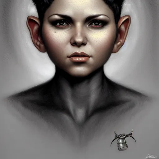 Prompt: portrait of a beautiful cute realistic determined female gnome engineer, black pixie undercut haircut, charming, intense stare, micro detail, intricate, elegant, highly detailed, centered, artstation, sharp focus, illustration, artgerm, tomasz alen kopera, peter mohrbacher, donato giancola, wlop