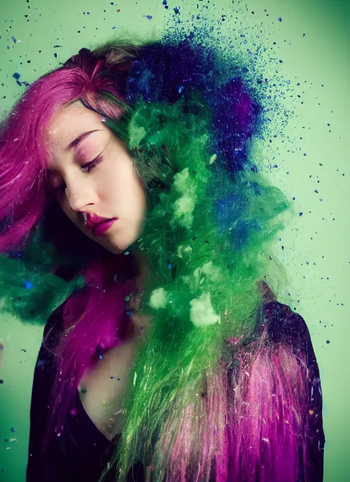 Prompt: a dramatic lighting photo of a beautiful young woman with cotton candy hair. confetti splashes. moody, melanchonic. with a little bit of green and black