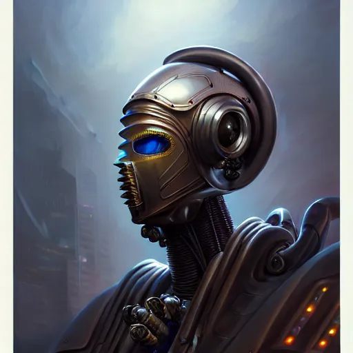 Image similar to low angle shot of a cyberpunk gazmask robot character, intricate, elegant, highly detailed, centered, digital painting, artstation, concept art, front shot, smooth, sharp focus, illustration, artgerm, Tomasz Alen Kopera, Peter Mohrbacher, donato giancola, Joseph Christian Leyendecker, WLOP, Boris Vallejo