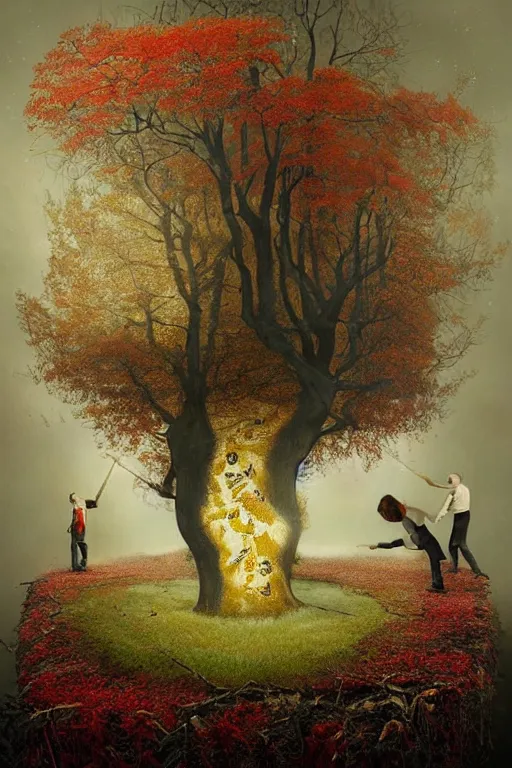Image similar to immaculate painting of A Beautiful fine detailed gold and red and black Forest Illusion by erik johansson micro detailing