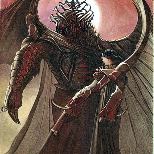 Image similar to morpheous, king of dreams and nightmares fighting morgoth, the fallen istari