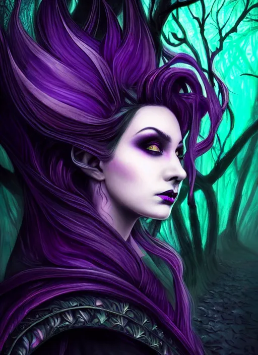 Prompt: side portrait dark queen, witch outfit large cloak, fantasy forest landscape, dragon scales, fantasy magic, undercut hairstyle, short purple black fade hair!!!!!!, dark light night, intricate, elegant, sharp focus, illustration, highly detailed!!!!!!!, digital painting, concept art, green neon smoke, matte painting, art by WLOP and Artgerm and Greg Rutkowski and Alphonse Mucha, masterpiece