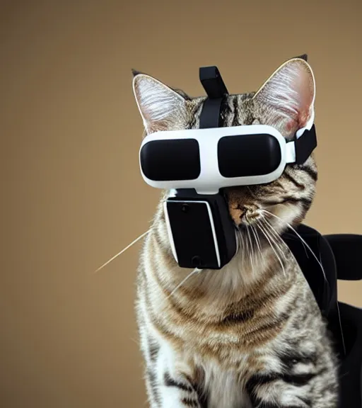 Prompt: a 4 k photorealistic photo of a cat wearing a vr headset on its head