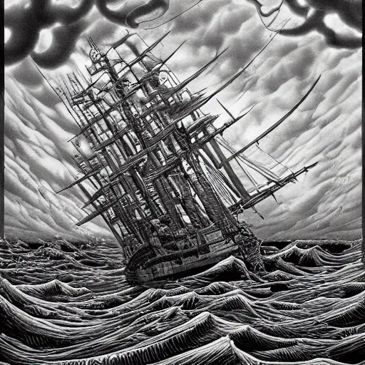 Prompt: a highly detailed hyperrealistic scene of a ship being attacked by giant squid tentacles, jellyfish, squid attack, dark, voluminous clouds, thunder, stormy seas, pirate ship, dark, high contrast, yoji shinkawa, scary, m.c. Escher, highly detailed, brutal, beautiful, octopus arms attacking the ship from the storm, illusion